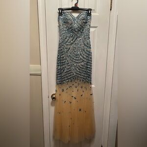 Elegant Blue and Tan Strapless Evening Gown